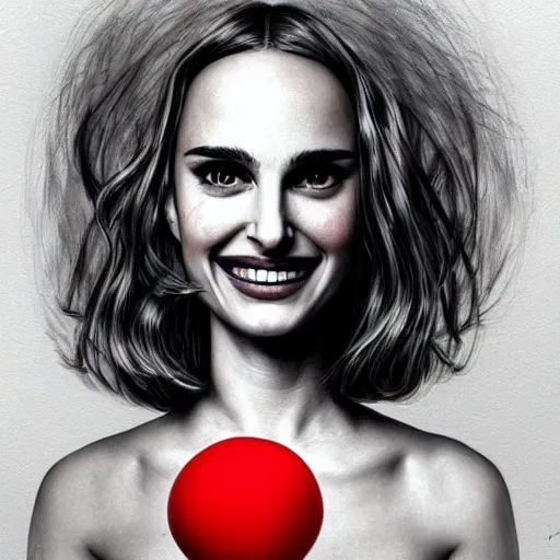 Image similar to surrealism grunge cartoon portrait sketch of natalie portman with a wide smile and a red balloon by - michael karcz, loony toons style, freddy krueger style, horror theme, detailed, elegant, intricate