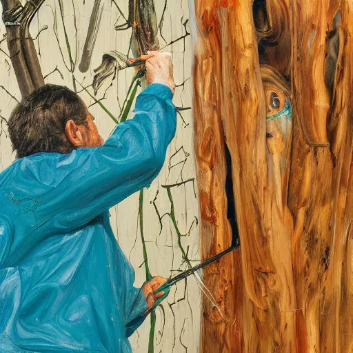 Image similar to high quality high detail painting by lucian freud and jenny saville, hd, cutting a redwood tree, turquoise
