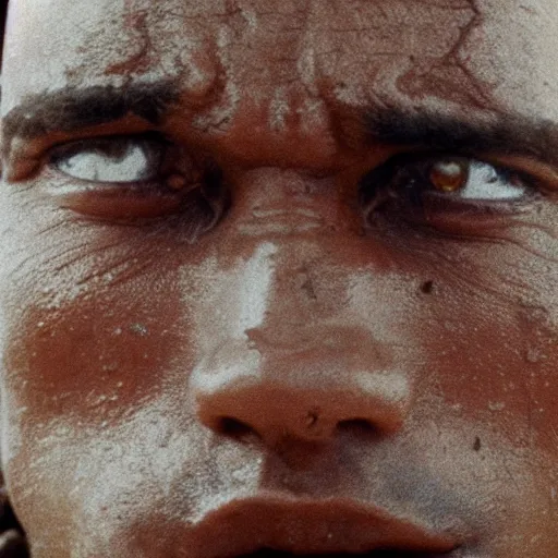 Image similar to film still, close up, dwayne johnson rising out of muddy vietnam river, face covered in mud, low camera angle at water level, night time, film still from apocalypse now ( 1 9 7 9 ), 2 6 mm