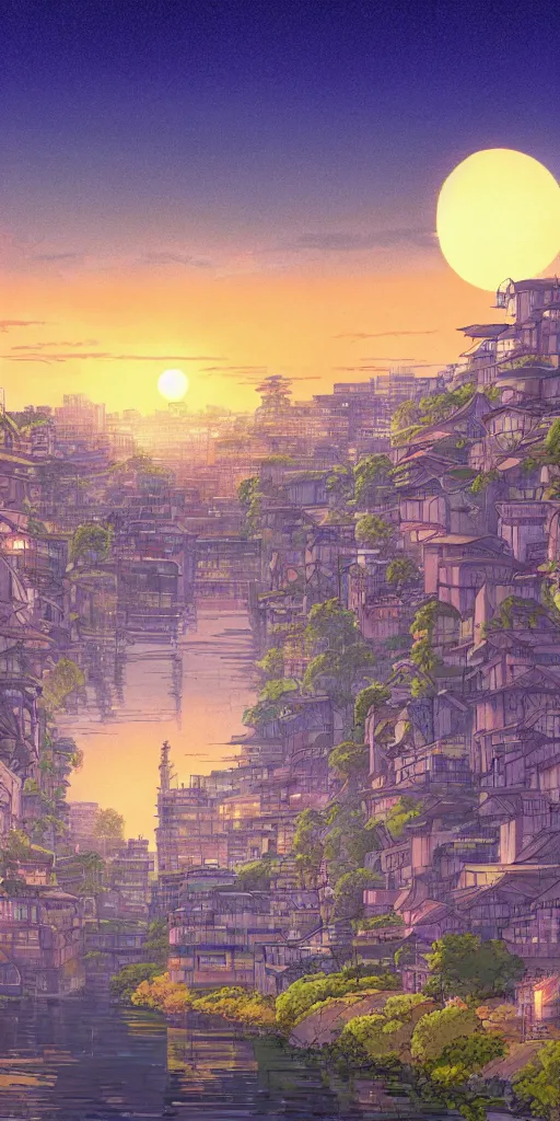 Image similar to a serene digital art of sunset, a metropolis beside the river, by studio ghibli and hayao miyazaki, highly - detailed, anime, unreal engine, deviantart