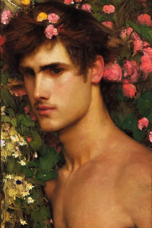 Prompt: close up of a attractive male surrounded by colourful flowers orientalist intricate portrait by john william waterhouse and edwin longsden long and theodore ralli and nasreddine dinet, hyper realism, dramatic lighting