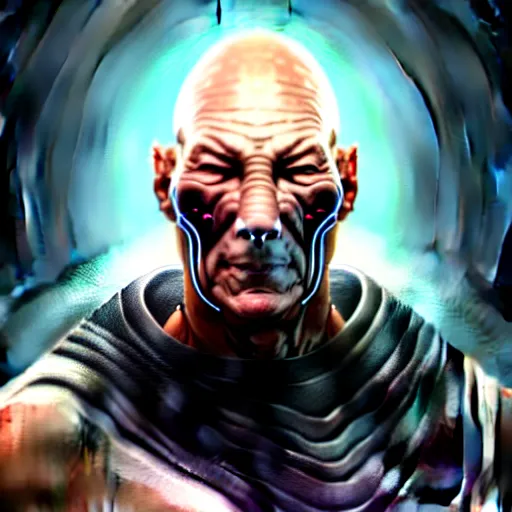 Image similar to portrait painting of a cyberpunk muscular patrick stewart with tusks, ultra realistic, concept art, intricate details, eerie, highly detailed, photorealistic, octane render, 8 k, unreal engine. art by artgerm and greg staples and elsa beskow and brian froud and jessica rossier