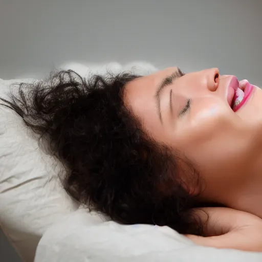 Image similar to a beautiful woman smiles as she falls asleep