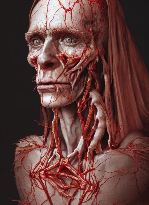 Image similar to portrait of Paimon, one of the kings of hell with translucent skin, visible muscles and veins and arteries and bones and spines and nerves, beautiful detailed intricate insanely detailed octane render, 8k artistic photography, photorealistic, chiaroscuro, by David Cronenberg, Raphael, Caravaggio