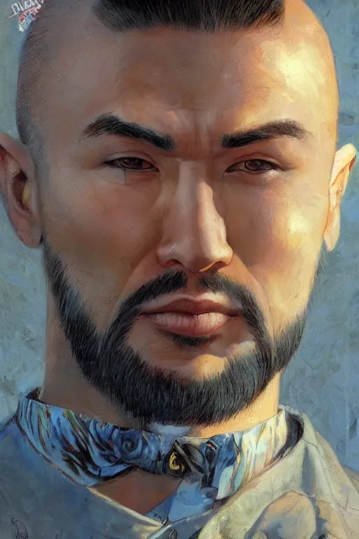 Image similar to beautiful gorgeous bald kazakh guy with a short beard, painted by tom lovell, alex malveda, greg staples