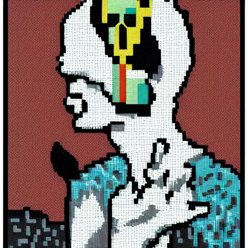 Image similar to by cecil beaton pixel art highly detailed. a collage of a man, with an animal skull for a head, & a large bird perched on his shoulder. the man is looking up at the bird with a fierce expression, & the bird is looking back at him with an equally intense gaze.