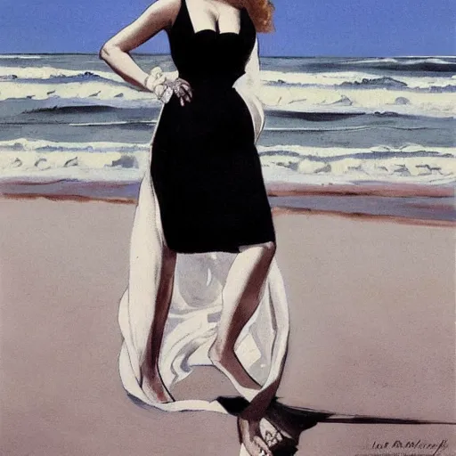 Image similar to woman in black dress in the middle of the beach, fashion art, leyendecker style