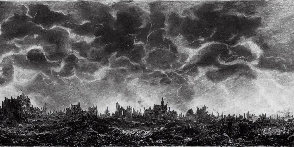 Image similar to a castle in distance in flames and ruins, the ground is dark and cracked, a large man in full plate of black armor, splattered in blood, riding a large black horse with red glowing eyes and red wisps emanating from it's eyes, blackened clouds cover sky crackling with lightning and rain in the distance,,