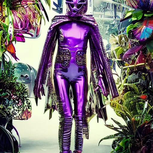 Image similar to vogue magazine photo, inside a futuristic detailed alien jungle made out of shiny reflective chrome, futuristic android with limbs made out of stretchy rubber tubing mixed with shiny colorful giant intricate detailed chrome gauntlets and chest piece and luchador mask, wearing a long purple velvet cape, fog and mist