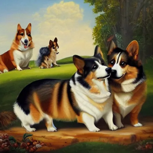 Image similar to highly detailed oil painting of corgis by bosch