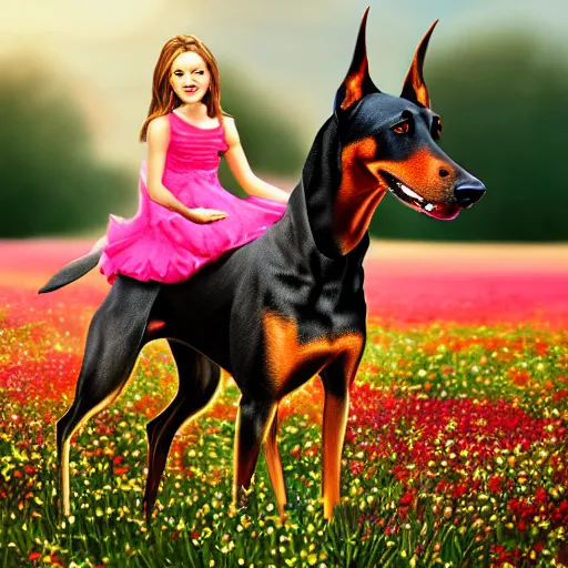 Image similar to girl riding a giant doberman in a field of flowers, trending on artstation