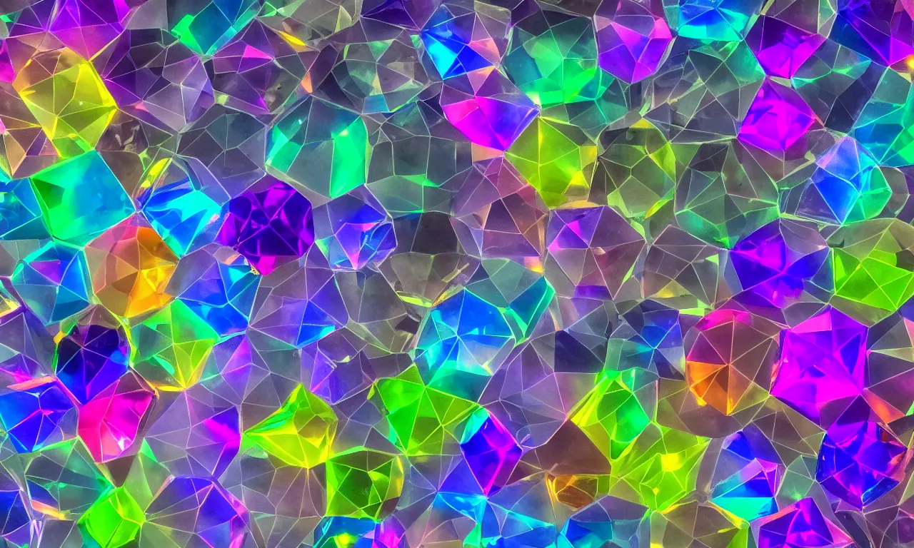 Prompt: material study, geometric shape holographic gemstones and crystals, translucent, fluorescent, glowing, beautiful, low light, colorful, sharp focus, highly detailed, 4 k, black background