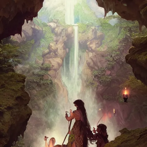 Image similar to an extremely detailed portrait of four polyamorous witches dancing in a cavern behind a waterfall, epic fantasy, viewed in profile from far away, sharp focus, detailed face, art by greg rutkowski and alphonse mucha, volumetric lighting, 4 k resolution, trending on artstation, masterpiece