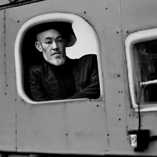 Prompt: photograph of michael stipe in the cab of a steam locomotive by anton corbijn