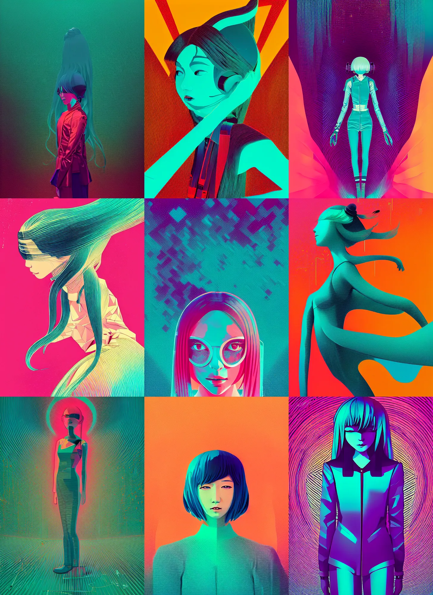 Prompt: ( ( dither ) ), editorial illustration portrait of hatsune miku, dynamic pose, modern art deco, colorful, ( ( mads berg ) ), christopher balaskas, victo ngai, rich grainy texture, detailed, dynamic composition, wide angle, moebius, matte print, glitch art