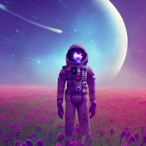 Prompt: an alien astronaut among a field of foreign flowers by rossdraws and beeple, cosmic nebulae, deviantart:4, bokeh, dark rainbow, cgsociety