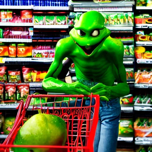 Image similar to mid shot of a green alien buying groceries at the store shot by amanda carlson and alex strelkovv, professional photo, masterpiece, very detailed, 4 k