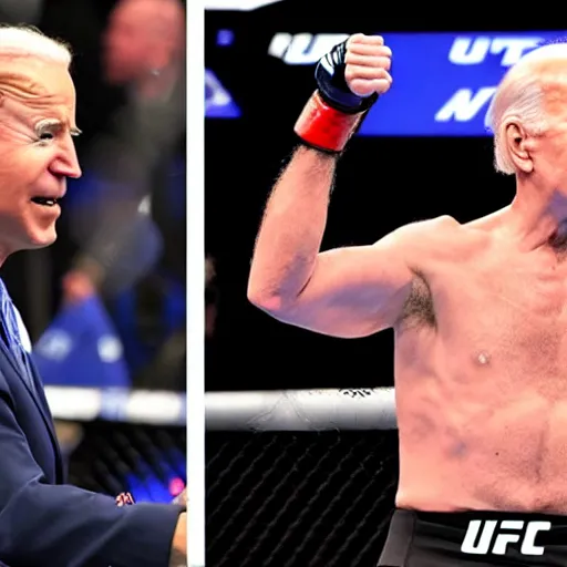 Prompt: joe biden getting knocked out in the ufc octagon, black eye on left side, detailed facial expressions, 1 9 8 0 s aesthetic