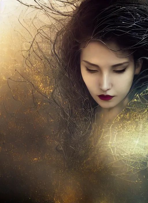 Image similar to glowing silver and golden elements, full close-up portrait, young female portrait model from shutterstock as a dark witch, book cover, green forest, white moon, red lips, establishing shot, extremly high detail, photo-realistic, cinematic lighting, pen and ink, intricate line drawings, by Yoshitaka Amano, Ruan Jia, Kentaro Miura, Artgerm, post processed, concept art, artstation, matte painting, style by eddie, raphael lacoste, alex ross