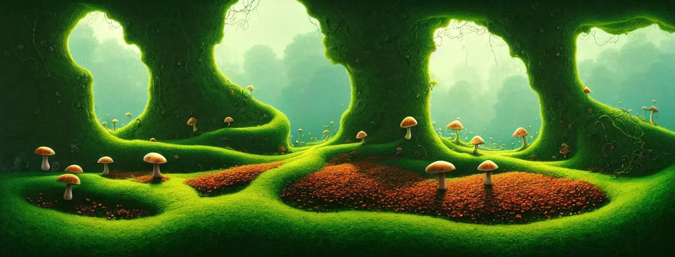 Prompt: gediminas pranckevicius beautiful and stunning professional digital artwork of a glowing mushroom cave, haze, spores floating in the air, vines, water, volumetric lighting, hyperrealistic, rtx on, ultra detail, barlowe wayne, maxfield parrish and marco mazzoni, miniature | no signature!