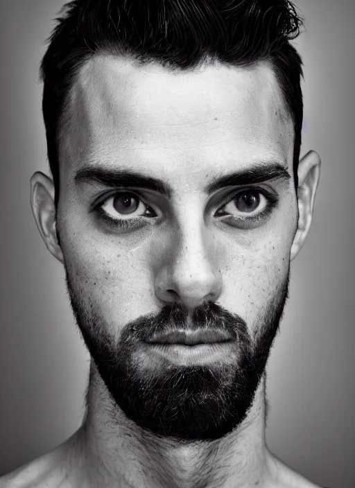 Image similar to black and white head shot, studio photograph of a male symmetrical handsome andrea belluci the painter artist, casual clothes, anxiety and depression, intricate, elegant, highly detailed, hyper realistic, dark background, flickr, smooth, 4 k, 3 0 0 dpi, sharp focus, shot by canon