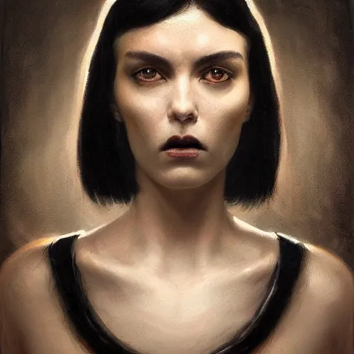 Image similar to Face of a beautiful woman with very black hair, intimidating woman, large black eyes, high forehead, smooth pale skin, ethereal skin, ominous, eldritch. oil painting by nuri iyem, james gurney, james jean, greg rutkowski, highly detailed, soft lighting, chiaroscuro