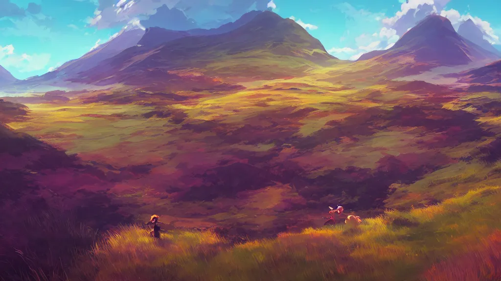 Image similar to landscape of a the scottish highlands, rich vivid colors, ambient lighting, dynamic lighting, 4k, HQ, official media, concept art, anime key visual, makoto shinkai, ilya kuvshinov, lois van baarle, rossdraws, detailed, trending on artstation