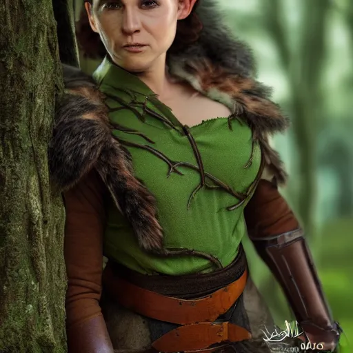 Image similar to anya charlota as a medieval fantasy wood elf, dark brown hair tucked behind ears, wearing a green tunic with a fur lined collar and brown leather armor, wide, muscular build, scar across nose, one black, scaled arm, cinematic, character art, digital art, forest background, realistic. 4 k