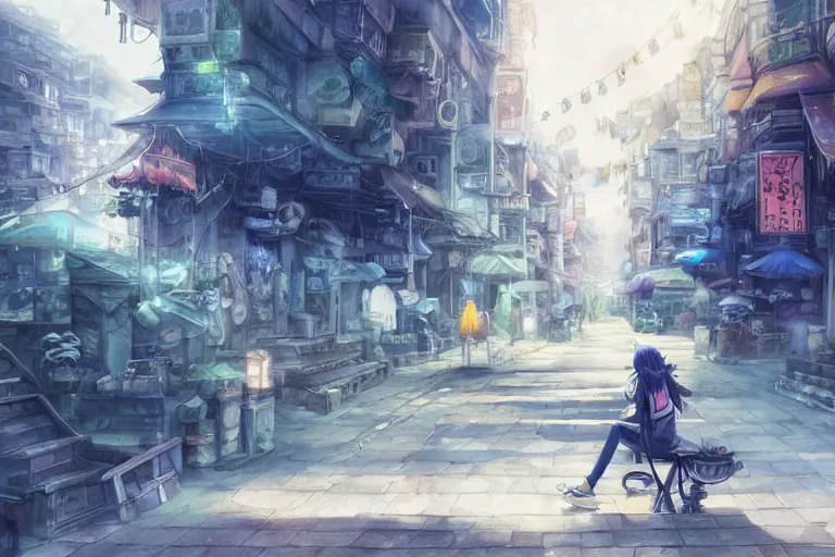 Image similar to dynamic composition, motion, ultra - detailed, incredibly detailed, a lot of details, amazing fine details and brush strokes, colorful and grayish palette, smooth, hd semirealistic anime cg concept art digital painting, watercolor oil painting without people, in asian city in style of cytus and deemo, blue flame, relaxing, calm and mysterious vibes