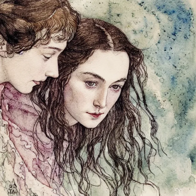 Image similar to a detailed, intricate watercolor and ink portrait illustration with fine lines of young 1 4 year old saoirse gal ronan gadot looking over her shoulder, by arthur rackham and edmund dulac and walter crane