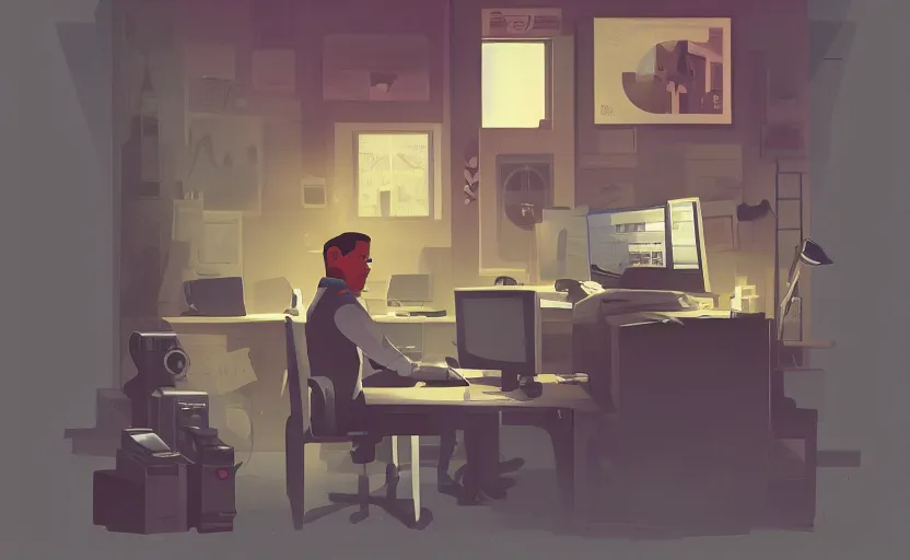 Prompt: detective in office, james gilleard, print, game art