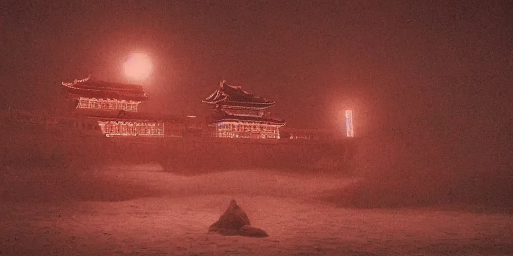 Image similar to light coming out of one starfish - like kaiju anthropomorphic monster, korean film noir by kim jong - il, korean traditional palace, pyongyang city, 1 9 6 0 s, red color bleed, 4 k, video compression, video glitch, monochrome, akira kurosawa, mamoru oshii, wes anderson, stanley kubrick