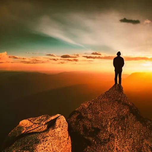 Image similar to A man stands on a mountaintop, looking into the horizon, magical, impressive, infinity, sunset light, Atmospheric phenomenon, artistic photography, muted colors, conceptual