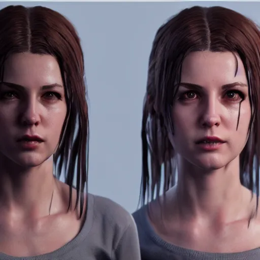 Image similar to character design of a female protagonist of a horror game, unreal engine, cgsociety, detailed, cinematic, hyperrealistic, blender