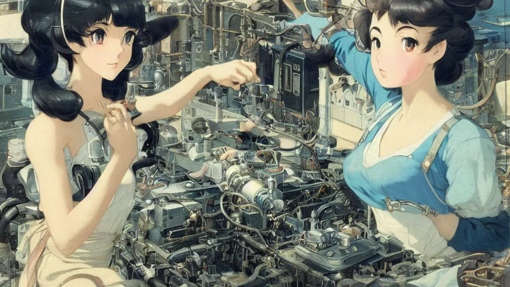 Image similar to a film still of a 1 9 5 0's mechanic anime girl working on a giant computer, finely detailed features, full body mid shot, perfect art, in the science laboratory, trending on pixiv fanbox, painted by gaston bussiere, makoto shinkai, akihiko yoshida, gaston bussiere, craig mullins, studio ghibli