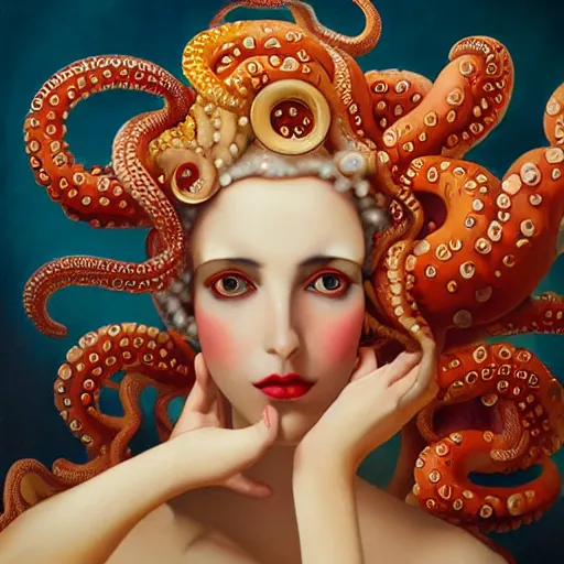 Prompt: dynamic composition, a painting of a woman with hair of octopus tentacles and bright corals, wearing ornate earrings, a surrealist painting by tom bagshaw and jacek yerga and tamara de lempicka and jesse king, featured on cgsociety, pop surrealism, surrealist, dramatic lighting, pre - raphaelite, ornate gilded details