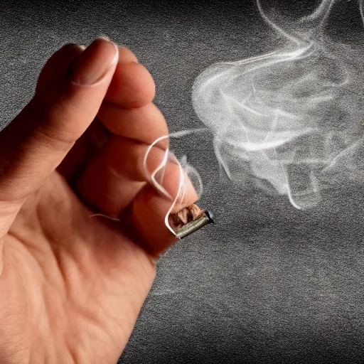 Prompt: Close-up of hyperrealistic hand holding cigarette with smoke, white background, vintage photo