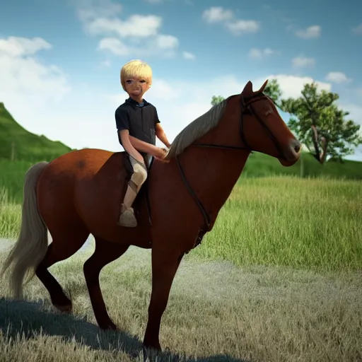 Image similar to a detailed portrait of boy with blonde hair riding a horse, unreal engine 5 rendered, incredibly highly detailed and realistic, 8 k, sharp focus, studio quality