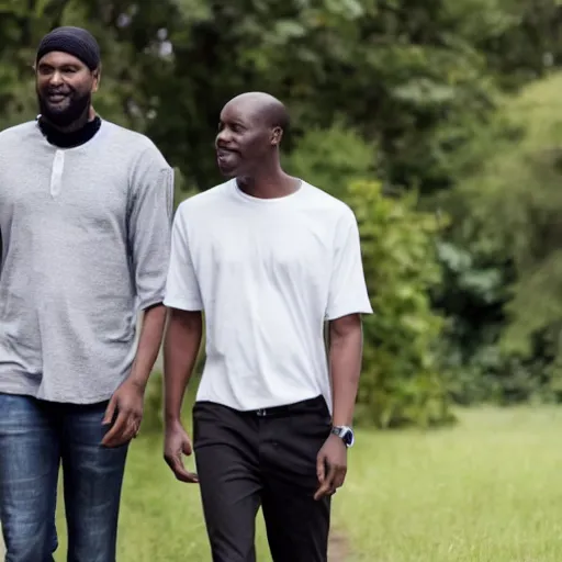 Prompt: a tall black man and a short white man walk together