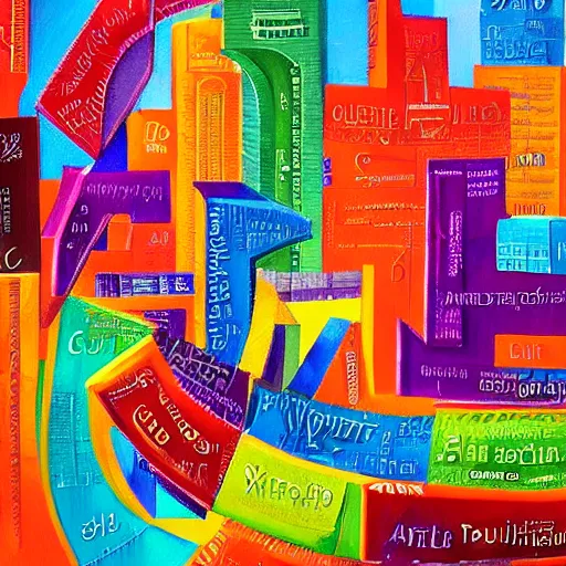 Image similar to a vivid painting. a cityscape made out of letters of the alphabet. beautiful colours. trending on artstation.