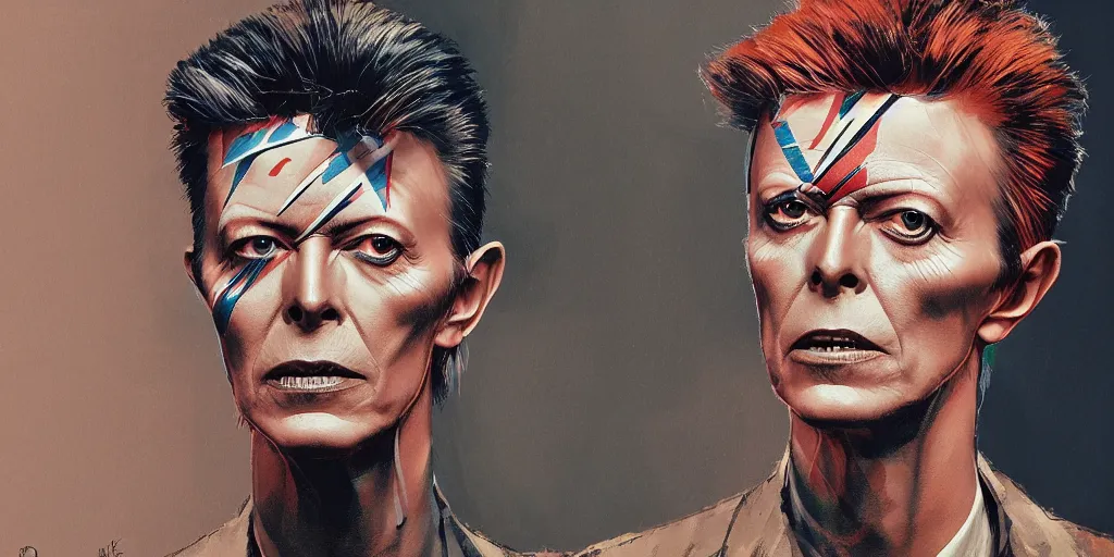 Image similar to David Bowie portrait, kim jung gi style, Greg Rutkowski, Zabrocki, Karlkka, Jayison Devadas, trending on Artstation, 8K, ultra wide angle, zenith view, pincushion lens effect