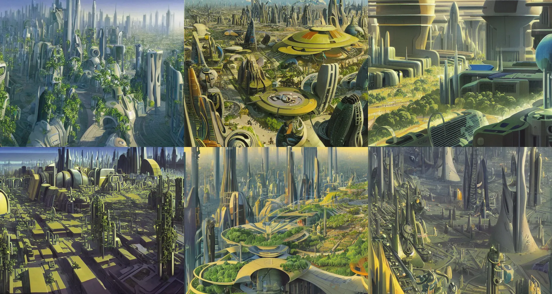 Prompt: plant - draped futurist renewable city. joyful and sunny, filled with happy people living in harmony with nature. concept art by ralph mcquarrie