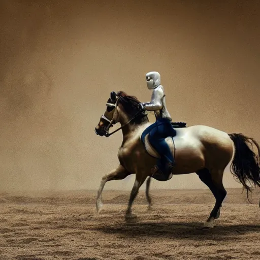 Image similar to a robot riding a horse, hyperrealistic, National Geographic photo, as coherent as Dall-E 2