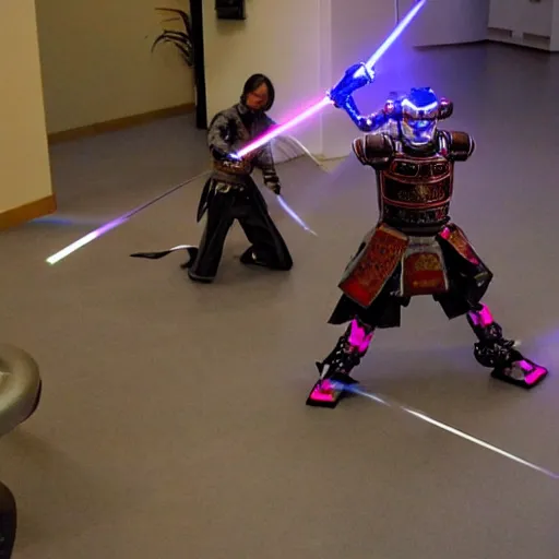 Prompt: photo of a robot samurai with a laser sword