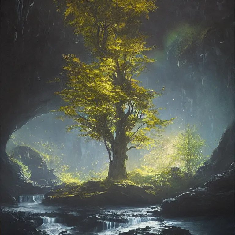 Image similar to A beautiful, highly detailed, very realistic oil painting of a single tree with rainbow leaves, next to a small river, glowing bright blue in the middle of a huge, very dark cave, with lots of dark grey rocks, oil painting by Greg Rutkowski, golden color scheme.