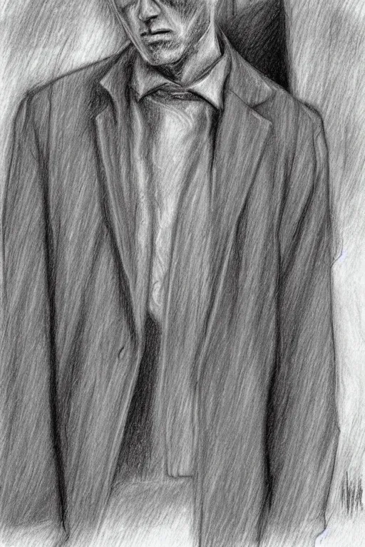 Image similar to a drawn man standing in the rain in a jacket. pencil sketch.