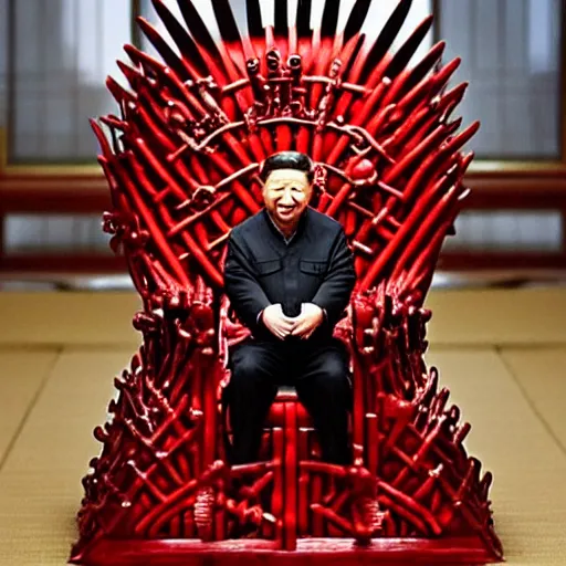 Prompt: xi jinping sits on the iron throne with an evil smile, intricate details, vibrant