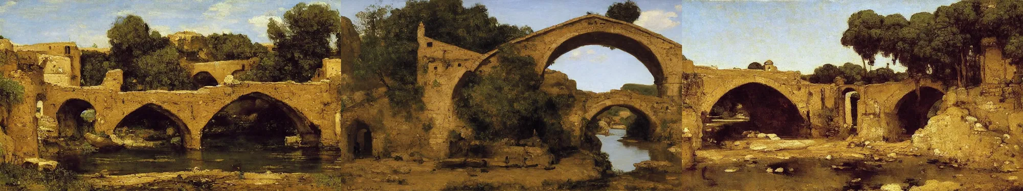 Prompt: High-Quality orientalist painting of a medieval bridge in a traditional North African village by Gustave Courbet, peaceful, very detailed, oil on canvas.