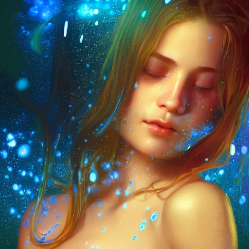 Prompt: A close-up of a stunning portrait of sexy teen girl in a wet t-shirt, art by Artgerm and Ross Tran and Alphonse mucha, vivid color palette, digital painting, 3D, octane render, highly detailed, particles, light effect, volumetric lighting, digital painting, artstation, concept art, smooth, sharp focus