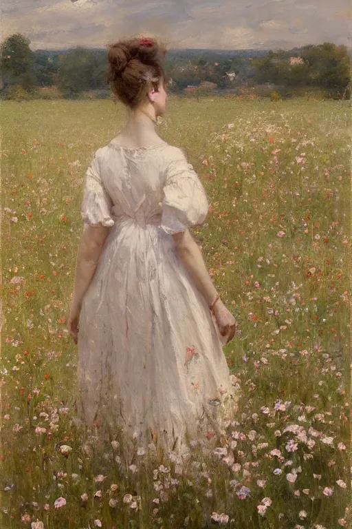 Prompt: Richard Schmid and Jeremy Lipking full length portrait painting of a young beautiful edwardian girl walking through a field of flowers with hands behind her back
